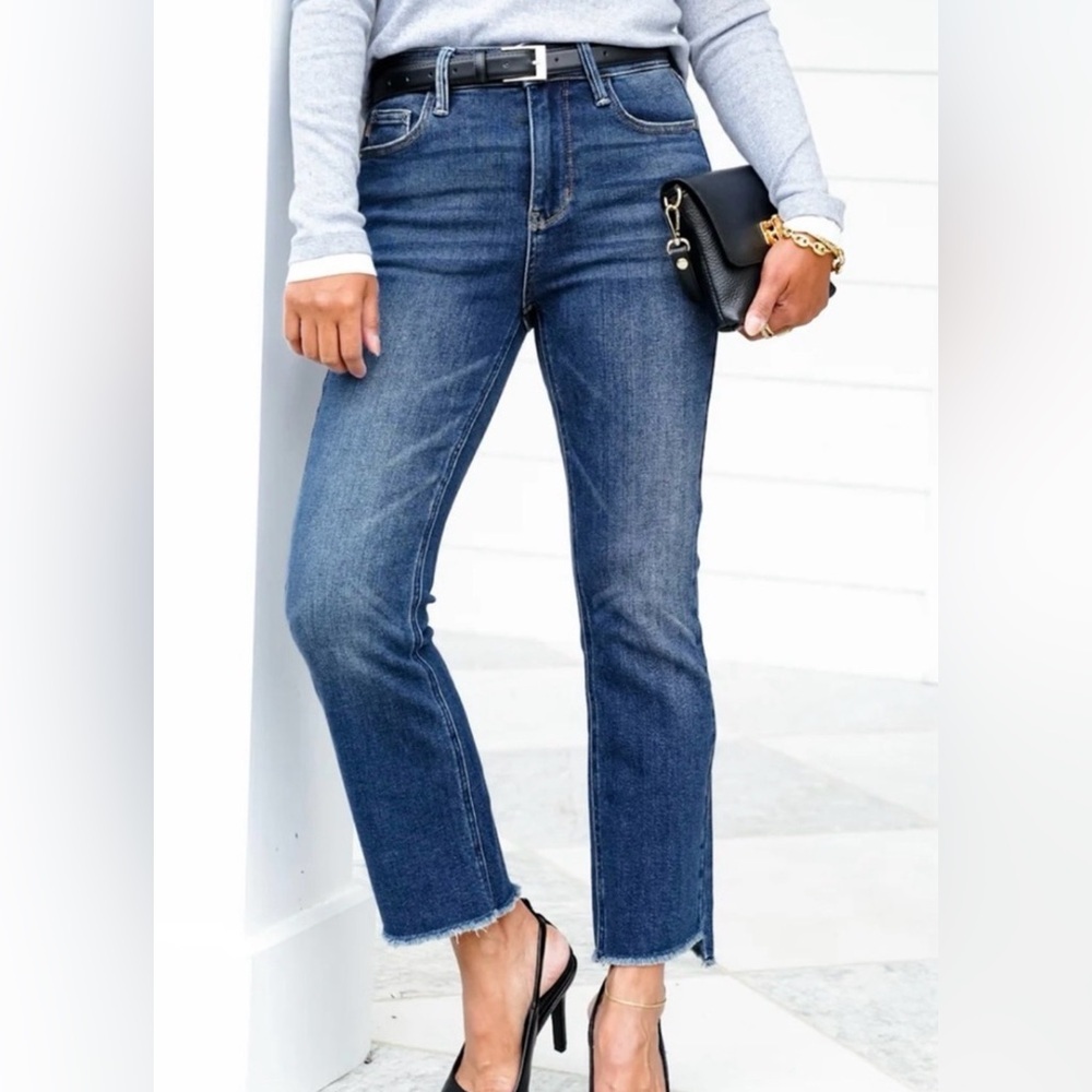 NWT Judy Blue Sz 11/30 High Rise Kick Flare Raw Hem Dark Wash Jeans